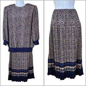 Vintage 80s Jacket/Top Pleated Skirt Set sz 16 Shirt Midi 90s Geometric Navy Tan